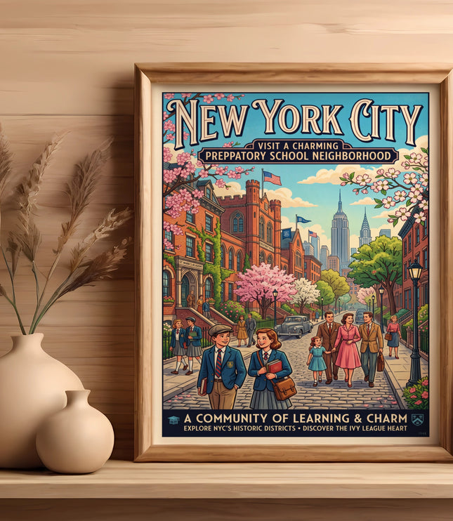 New York City preppatory school neighborhood poster with families and iconic cityscape.