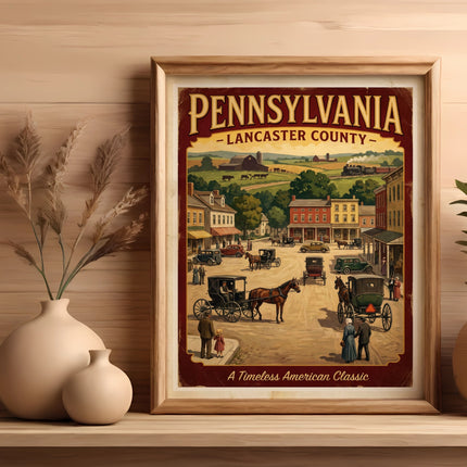 Vintage Pennsylvania Lancaster County advertisement with horse-drawn carriages.