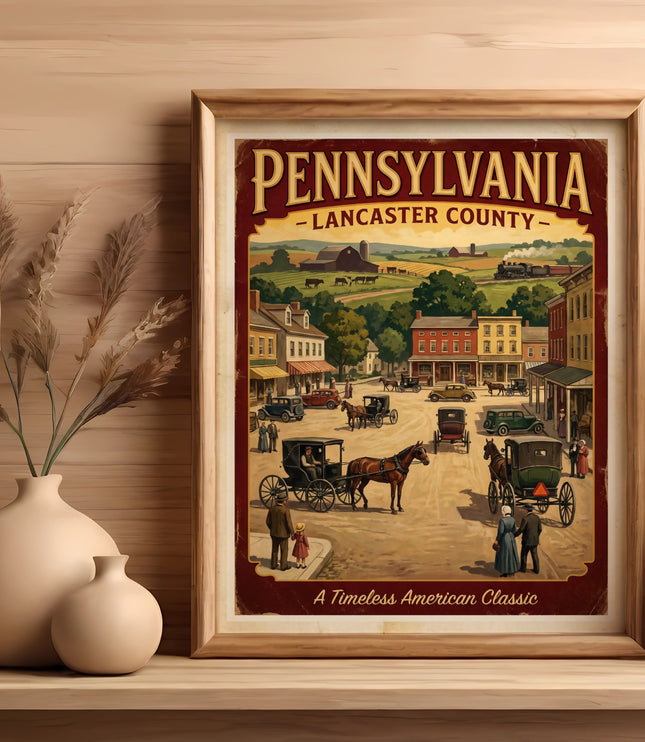 Vintage Pennsylvania Lancaster County advertisement with horse-drawn carriages.