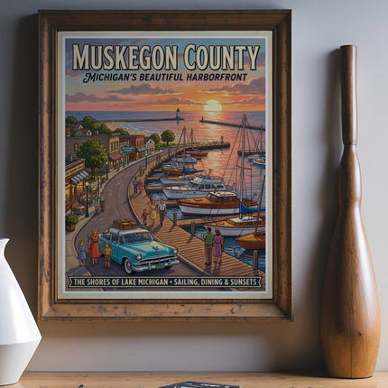 Vintage travel poster of Muskegon County harborfront with boats and sunset.