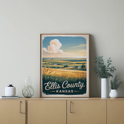 Vintage Ellis County Kansas travel poster with wheat fields and windmills.