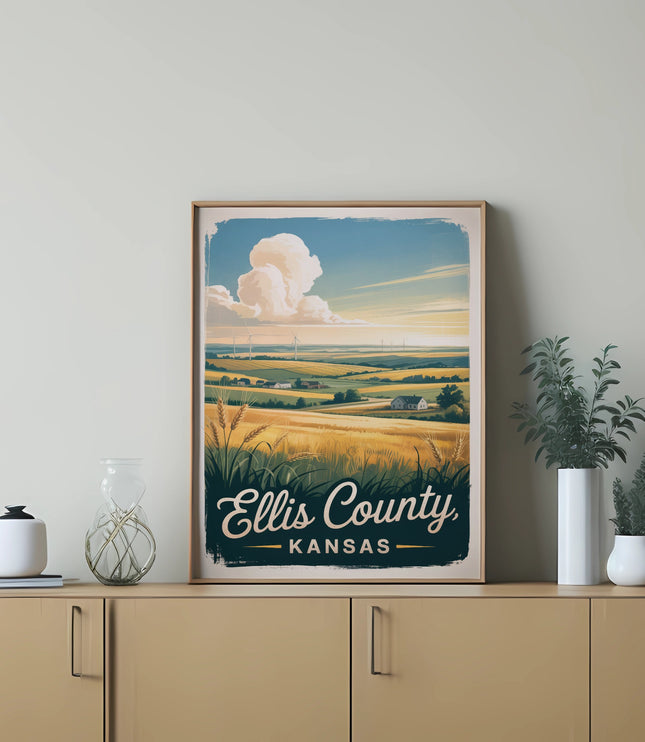 Vintage Ellis County Kansas travel poster with wheat fields and windmills.