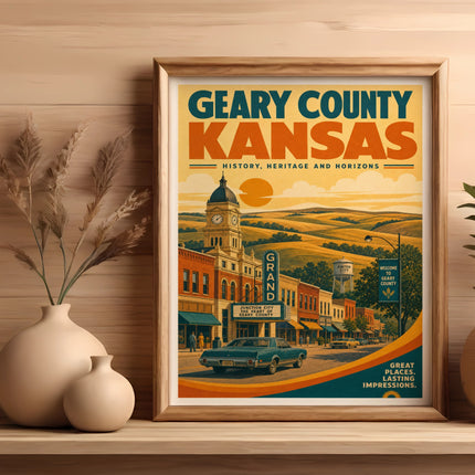Framed illustration of Geary County, Kansas, featuring buildings and a street scene.