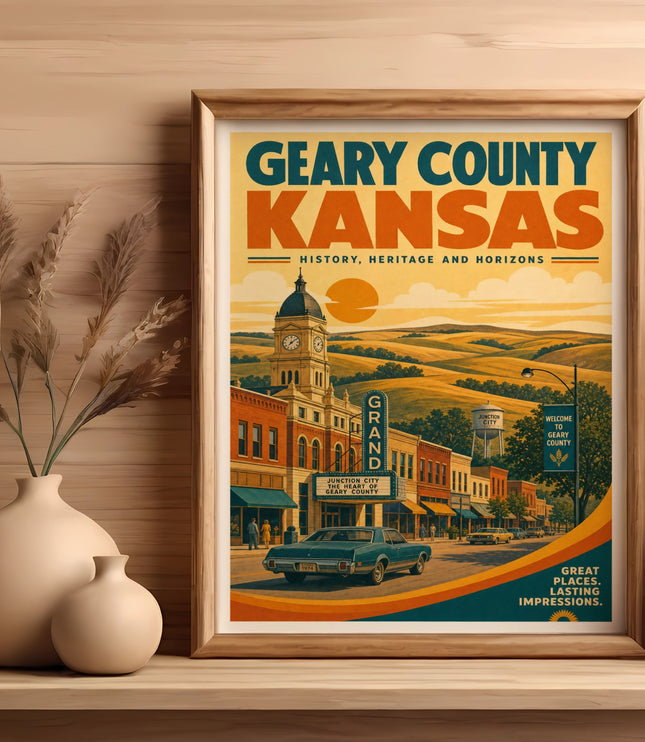 Framed illustration of Geary County, Kansas, featuring buildings and a street scene.