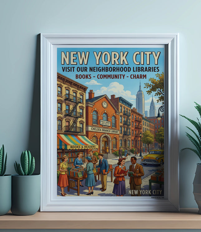 New York City poster showing libraries, books, people, and buildings.