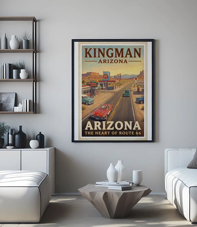 Retro Kingman Arizona Route 66 poster above white couch.