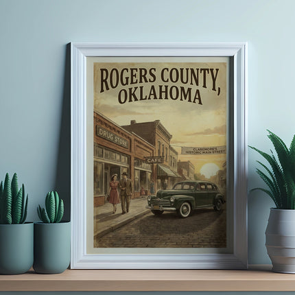 Retro poster of Rogers County, Oklahoma, with a vintage car and people on a main street.