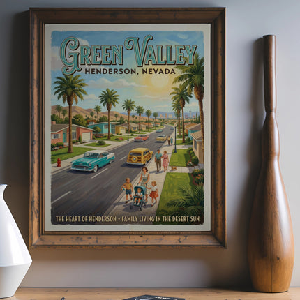 Green Valley Henderson Nevada vintage travel poster with palm trees and cars.
