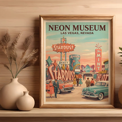 Neon Museum Las Vegas poster of vintage cars and casinos with people.