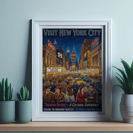 Vintage poster promoting New York City theater district and "Oklahoma!".