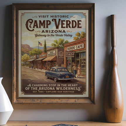 Vintage Camp Verde, Arizona poster featuring street scene with classic car and shops.