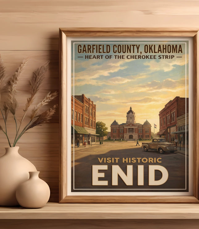 Garfield County, Oklahoma poster with historic Enid courthouse and retro truck.