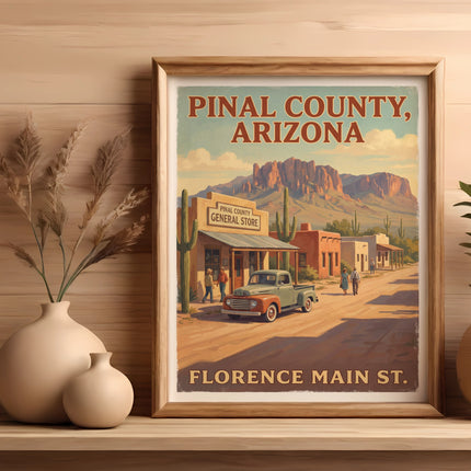 Painting of Pinal County, Arizona, Florence Main St. with general store and mountains.