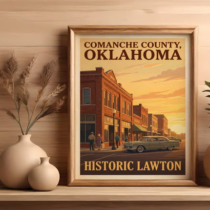 Vintage travel poster of Comanche County, Oklahoma, featuring Historic Lawton main street scene.