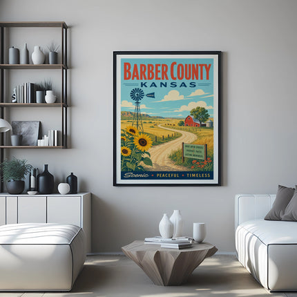 Barber County Kansas poster with windmill, sunflowers, and scenic text.