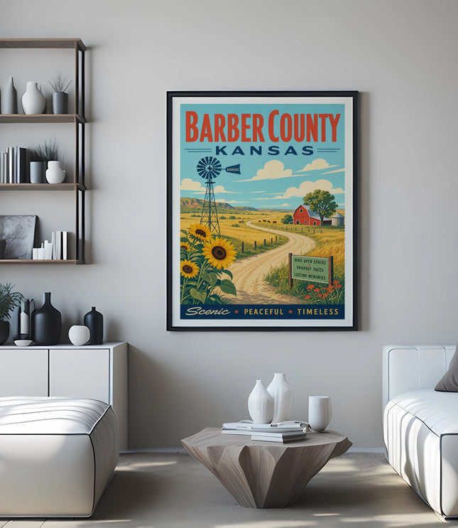 Barber County Kansas poster with windmill, sunflowers, and scenic text.