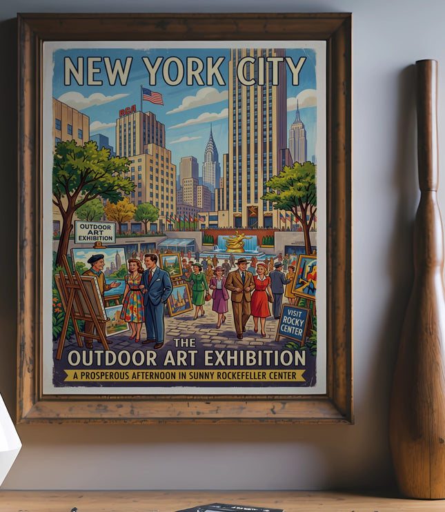 Vintage New York City outdoor art exhibition poster featuring Rockefeller Center.