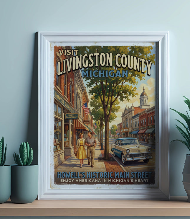 Vintage poster of Howell's Historic Main Street, Livingston County, Michigan.