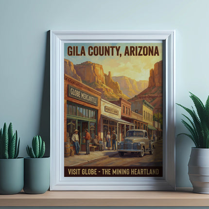 Gila County, Arizona vintage travel poster showing Globe Mercantile and Miner's Home.