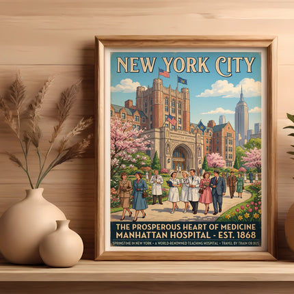 New York City Manhattan Hospital vintage poster with buildings and people.