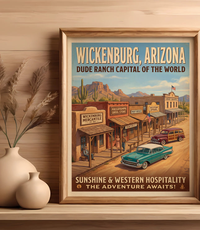 Vintage poster of Wickenburg, Arizona with retro cars, desert landscape and shops.