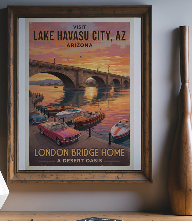 Vintage poster of Lake Havasu City, Arizona with London Bridge and boats.