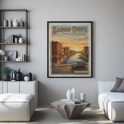 Saginaw County, Michigan vintage travel poster with a river and truck.