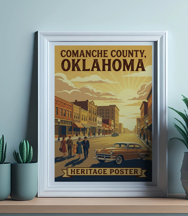 Comanche County, Oklahoma heritage poster featuring vintage street scene and family.