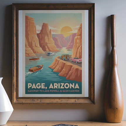 Page, Arizona retro travel poster with boats, cars, and canyons.