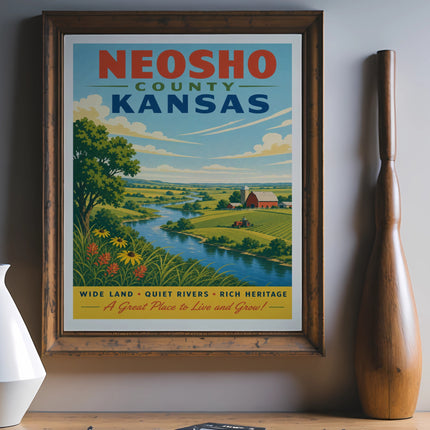 Vintage travel poster for Neosho County, Kansas, with a scenic landscape.
