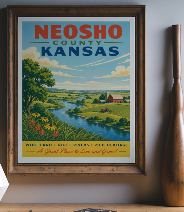Vintage travel poster for Neosho County, Kansas, with a scenic landscape.