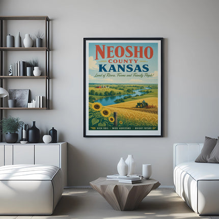 Neosho County, Kansas travel poster with farms, river, and wheat fields.