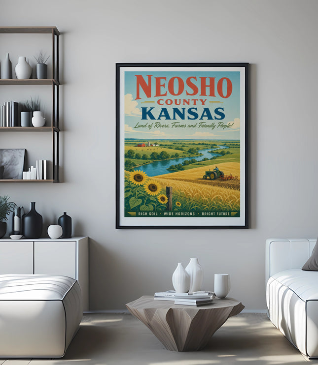 Neosho County, Kansas travel poster with farms, river, and wheat fields.