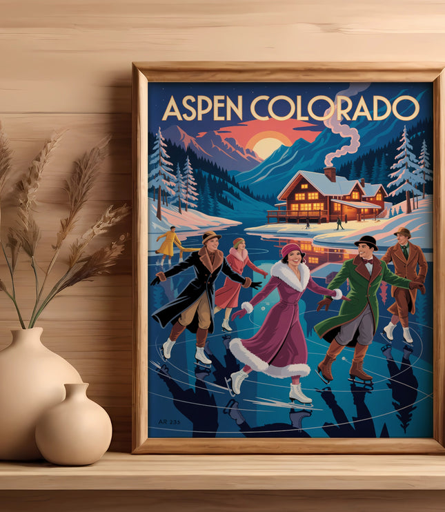 Vintage poster of people ice skating in Aspen, Colorado with a cozy cabin.