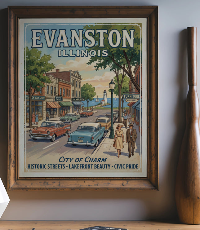 Evanston Illinois vintage poster with classic cars, buildings, and lighthouse on lakefront.