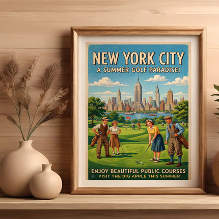 New York City golf poster with vintage illustration of golfers and skyline.