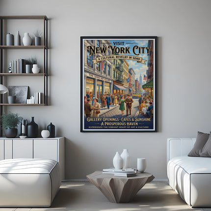 Vintage poster for New York City in Soho, depicting art gallery openings and cafes.