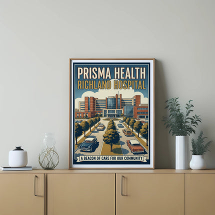 Prisma Health Richland Hospital poster with vintage cars and text "A BEACON OF CARE FOR OUR COMMUNITY".