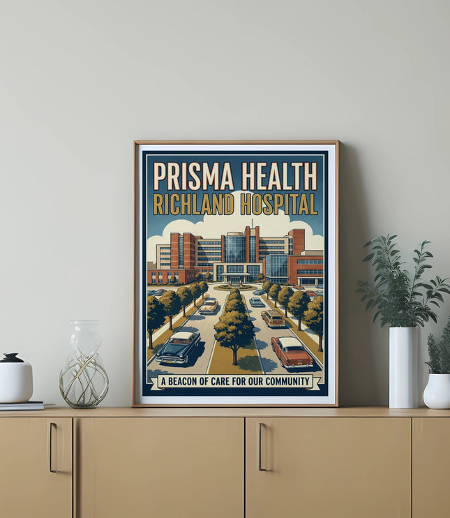 Prisma Health Richland Hospital poster with vintage cars and text "A BEACON OF CARE FOR OUR COMMUNITY".