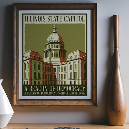 Illinois State Capitol building illustration with text "A Beacon of Democracy".