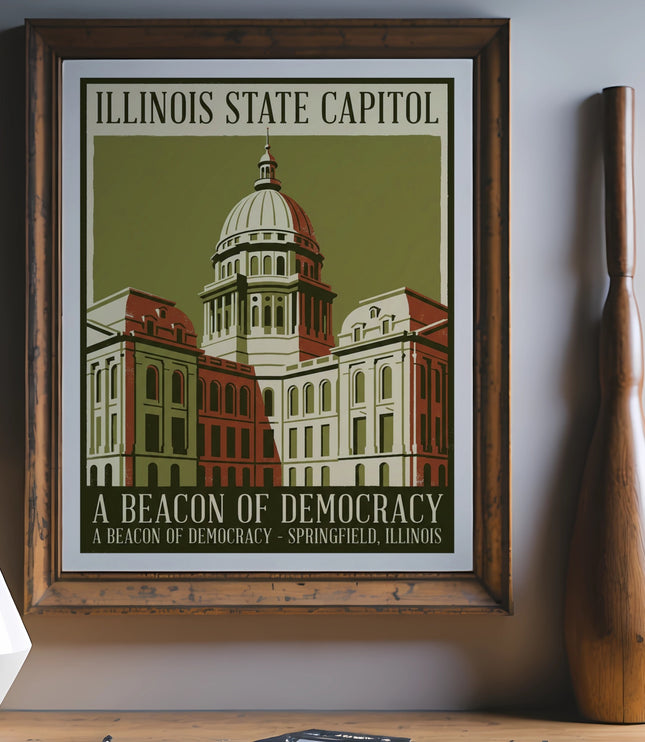 Illinois State Capitol building illustration with text "A Beacon of Democracy".