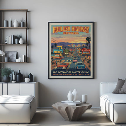 Retro "Boulder Highway Nevada" poster with classic cars and motel signs.