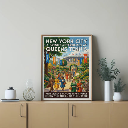 Vintage poster for Queens Tennis with crowd and stadium.