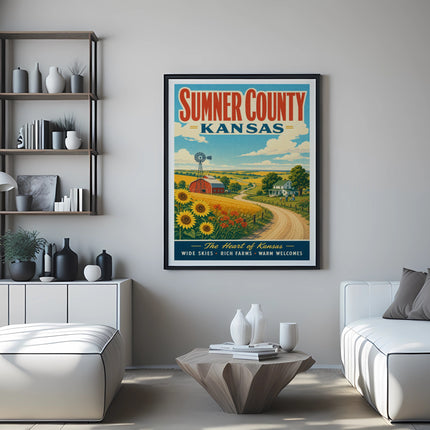 Sumner County Kansas vintage travel poster with sunflower field and windmill.