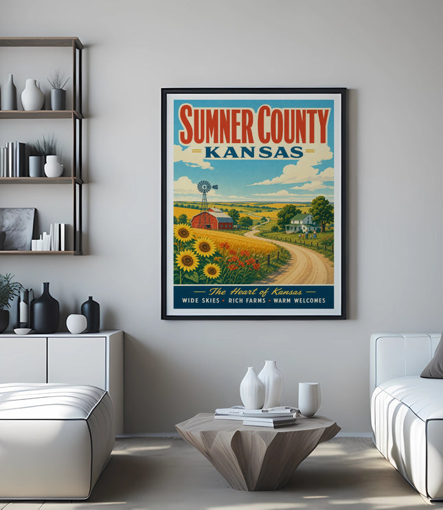 Sumner County Kansas vintage travel poster with sunflower field and windmill.