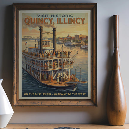 Historic Quincy, Illinois steamboat poster on the Mississippi River.