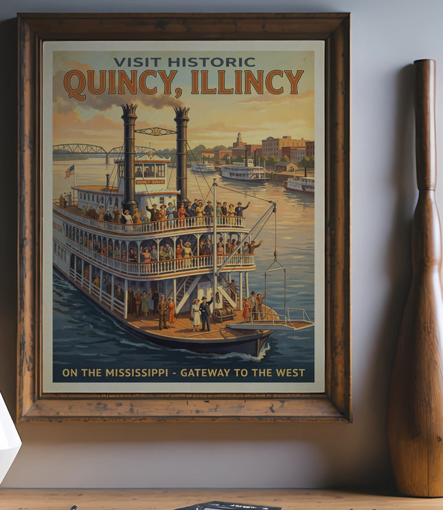 Historic Quincy, Illinois steamboat poster on the Mississippi River.