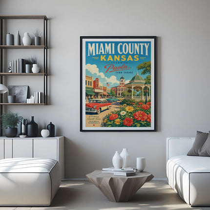 Miami County, Kansas, Paola Town Square vintage poster with shops and flowers.