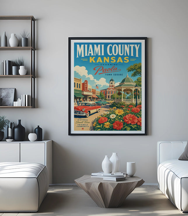 Miami County, Kansas, Paola Town Square vintage poster with shops and flowers.