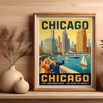 Vintage Chicago travel poster depicting skyline, lakefront, and couple waving.
